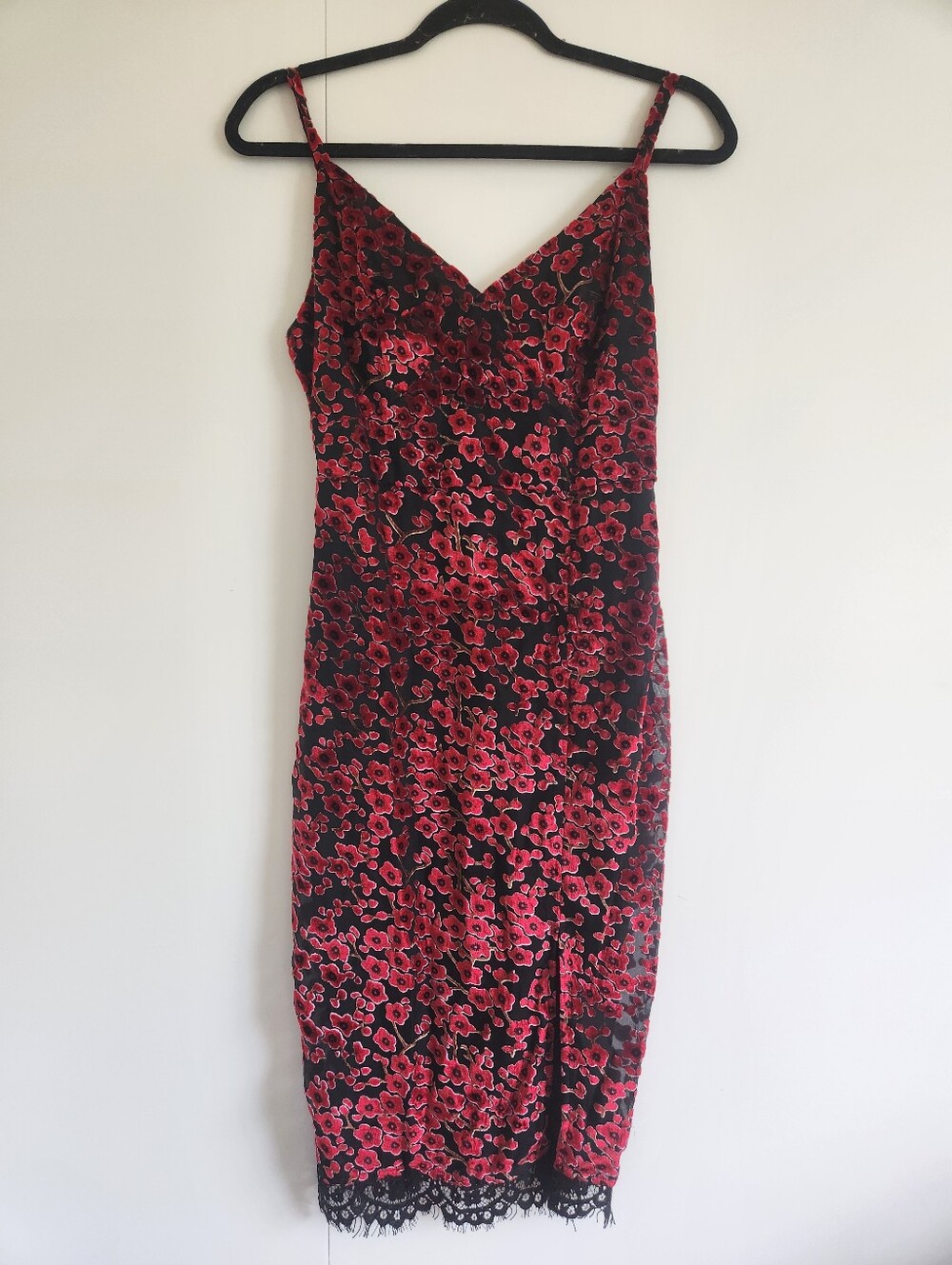 Velvet Floral Slip Dress Black Red Floral Lace Trim Midi Dress
